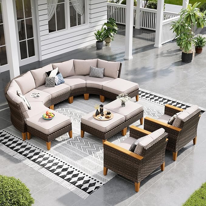 Sophia & William Outdoor Wicker Sectional Sofa Set, Half Moon Curved Patio Furniture Set with Ottman, High Back Patio Rattan Conversation Set for Porch, Backyard,Pool(Beige, 10 Piece)