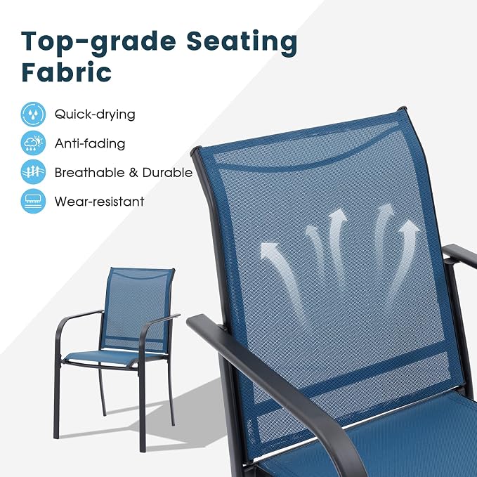 7 Pieces Patio Dining Set, 63" Rectangular Dining Table with Umbrella Hole, 6 Stackable Textilene Fabric Chairs, Metal Structure for Patio, Porch, Garden(Black Table, Blue Chair)