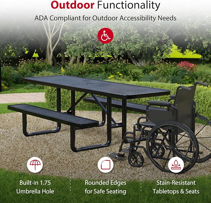 Leisure Craft Metal Picnic Table with Bench - 8 ft Rectangle Outdoor Dining Table with Umbrella Hole, Heavy Duty Thermoplastic Coating, ADA Compliant, Commercial Grade Furniture Made in USA - Black