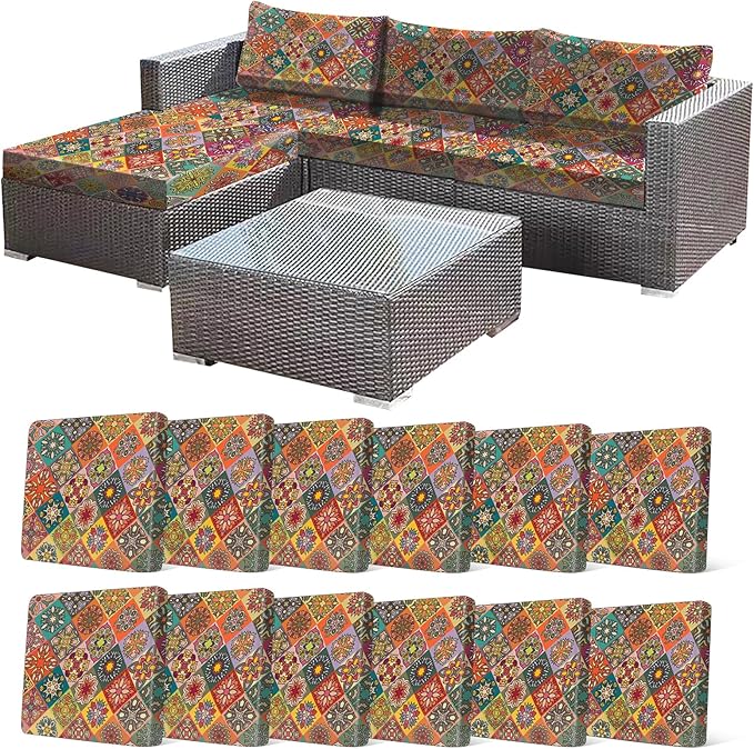 CALBODE 12Pcs Stretch Patio Cushion Cover, Bohemian Colored Geometric Pattern Couch Covers for Patio Furniture Cushions Washable Reusable Couch Covers Replacement for Fall Winter(Cover Only)