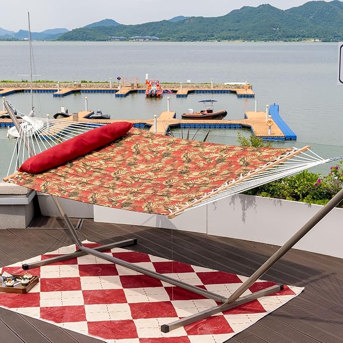 Lazy Daze Hammocks 12FT Quilted Fabric Hammock with Soft Pillow, Double 2 Person Tree Hammock with Spreader Bar for Outside Patio Poolside Backyard Beach, 450 lbs Capacity, Red Leaf