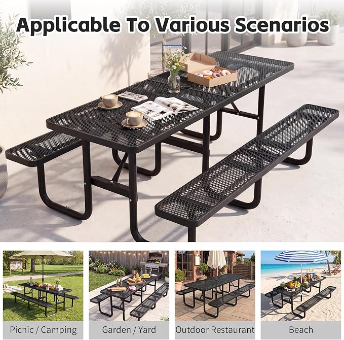 96" Rectangular Metal Picnic Table, Commercial Steel Picnic Tables with 1.96" Umbrella Hole, Heavy Duty Picnic Tables for Outdoor Garden Courtyard BBQ, Black
