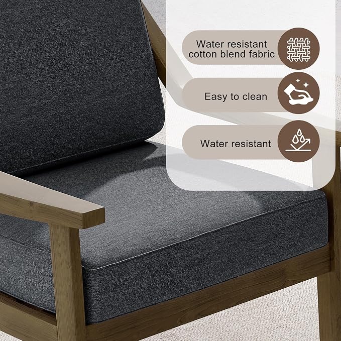 Outdoor Patio Furniture Set, 2 Piece Outdoor Patio Sofa Armchairs with Washable Thick Cushions, All-Weather Solid Wood Patio Bistro Set for Porch, Balcony, Natural Frame & Dark Gray Cushion