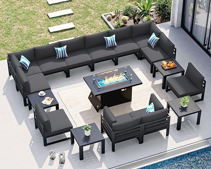 NICESOUL 17 Piece Luxury Aluminum Outdoor Sectional Sofa with Fire Pit Table & End Table, L Shaped Oversized Modular Patio Furniture Set, 500 lbs Heavy Duty Conversation Set for Backyard, Dark Gray