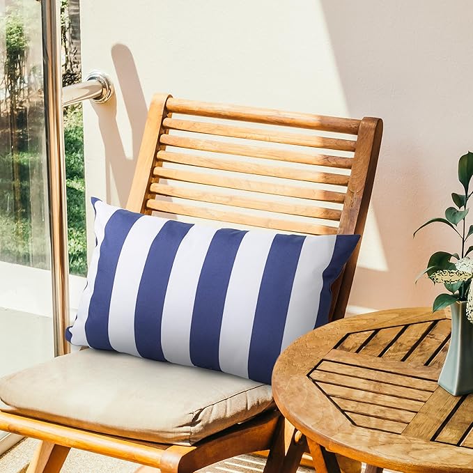 AELS Outdoor Lumbar Pillow Covers 12x20 Inch, Waterproof Decorative Pillow Covers Pack of 2, Water-Resistant Pillow Case for Patio Furniture Tent Garden, Nautical Navy Blue White Stripes, Cover ONLY