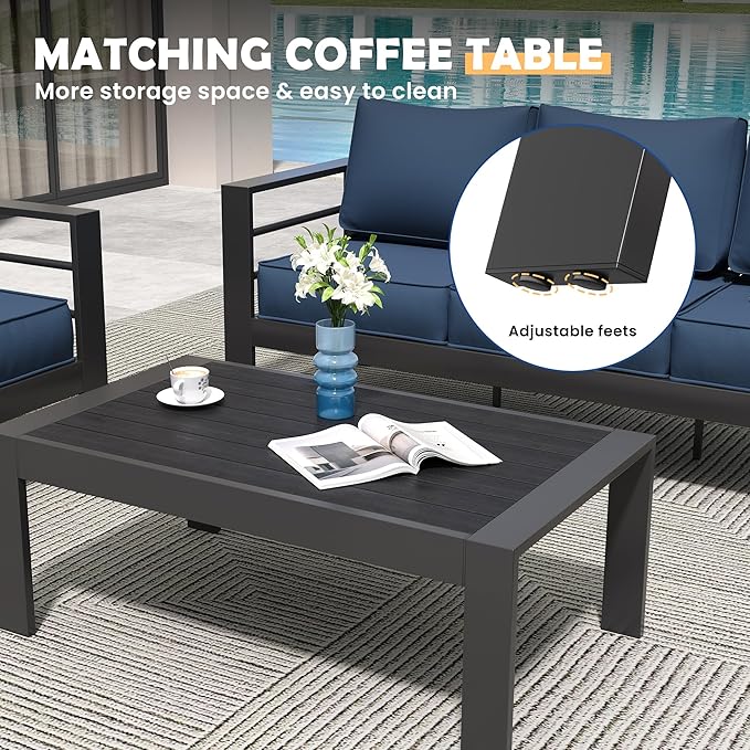 Amopatio Aluminum Patio Furniture, 6 Pieces Metal Outdoor Furniture Set, Outdoor Sectional Modern Sofa Sets with Coffee Table for Pool, Garden, Dark Grey&Blue (Included Waterproof Covers)