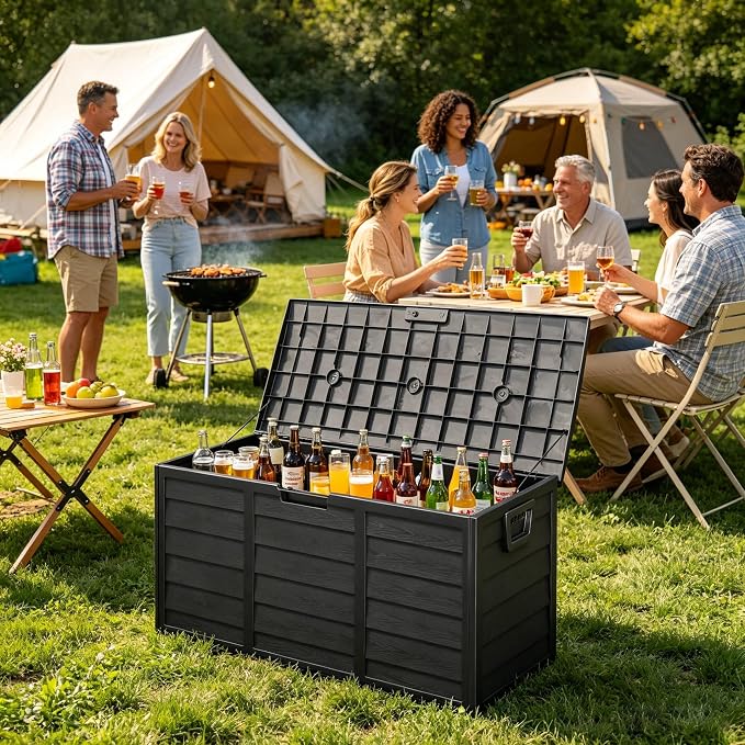 75 Gallon Large Outdoor Storage Box, Indoor and Outside Deck Box with Lockable Design Lids, Waterproof Resin Storage Containers Bin for Garden, Garage, Patio, Poolside, Toy Storage Full Black