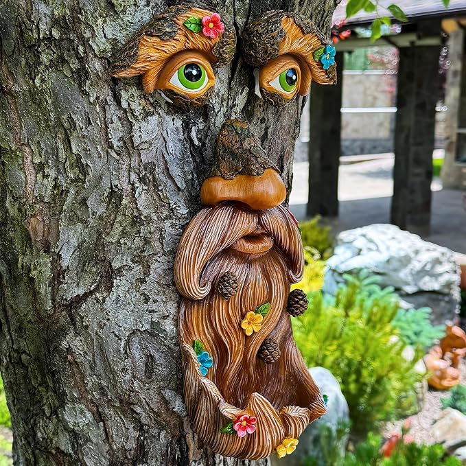 Mood Lab Tree Face Decor with Flowers - Outdoor Old Man Face Decoration - Tree Garden Hugger - Yard Art Statue