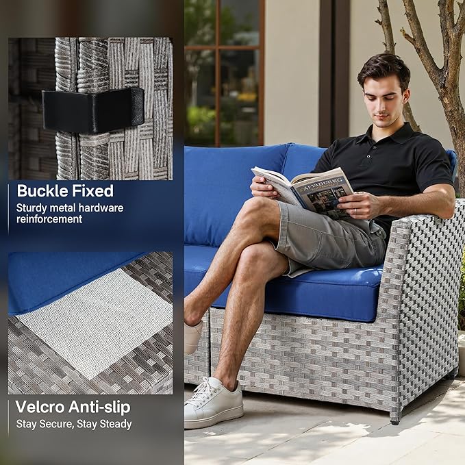Fully Assembled & Spacious 9-Pc Outdoor Sofa Set, Patio Rattan Conversation Group with Rocking Chair and Tea Table