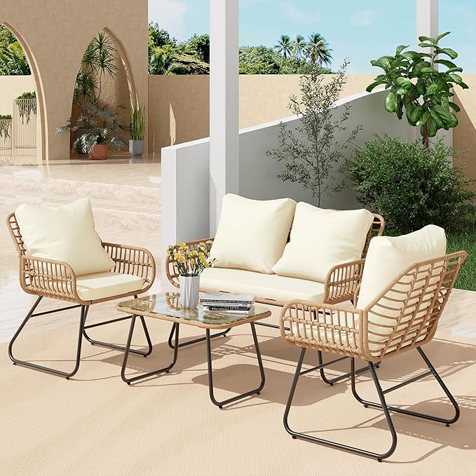 LEX CRAFT 4-Piece Outdoor Patio Furniture Set with Cushions & Tempered Glass Table, All-Weather Rattan Bistro Set with Loveseat Chairs Table Soft Cushions for Garden, Porch, Backyard (Beige)