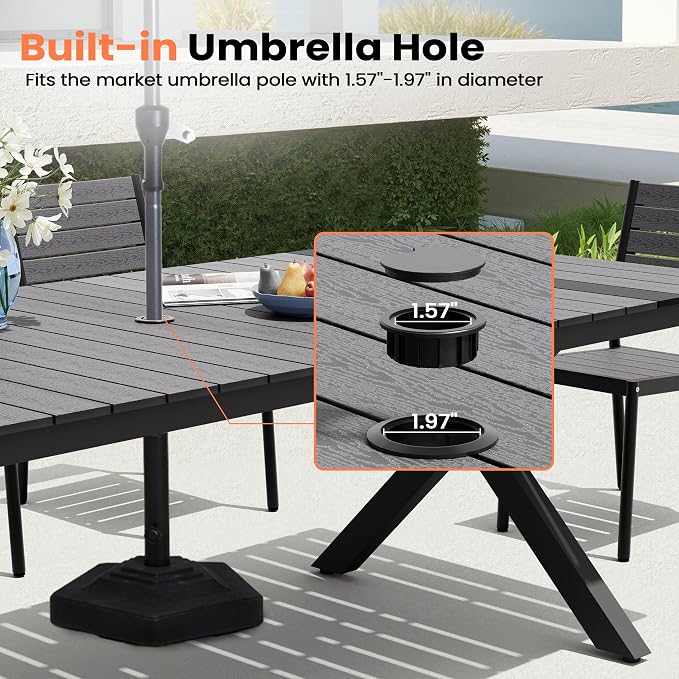 Pellebant 118" Outdoor Dining Table for 8-12, 10ft Aluminum Patio Table with Umbrella Hole, Weather Resistant Grey Wood Grain Tabletop and Sturdy Frame for Deck, Porch, Backyard