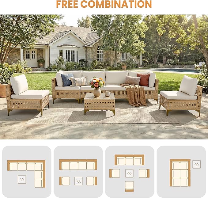 FHFO Patio Furniture Set, 7-Piece Wicker Patio Sectional Sofa Couch, Rattan Outdoor Conversation Set with Thick Cushion & Tempered Glass Coffee Table for Porch, Garden, Backyard (Yellow/Beige)