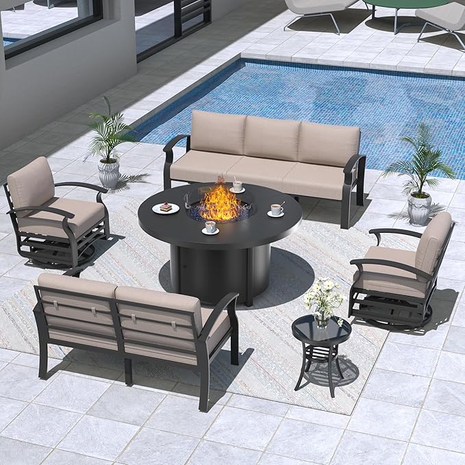 ALAULM Aluminum Patio Furniture Set with 40,000 BTU Round Propane Fire Pit Table 7-seat Metal Outdoor Furniture w/ 2 Swivel Chairs Patio Sectional Sofas for Patio, Lawn, Poolside（Sand