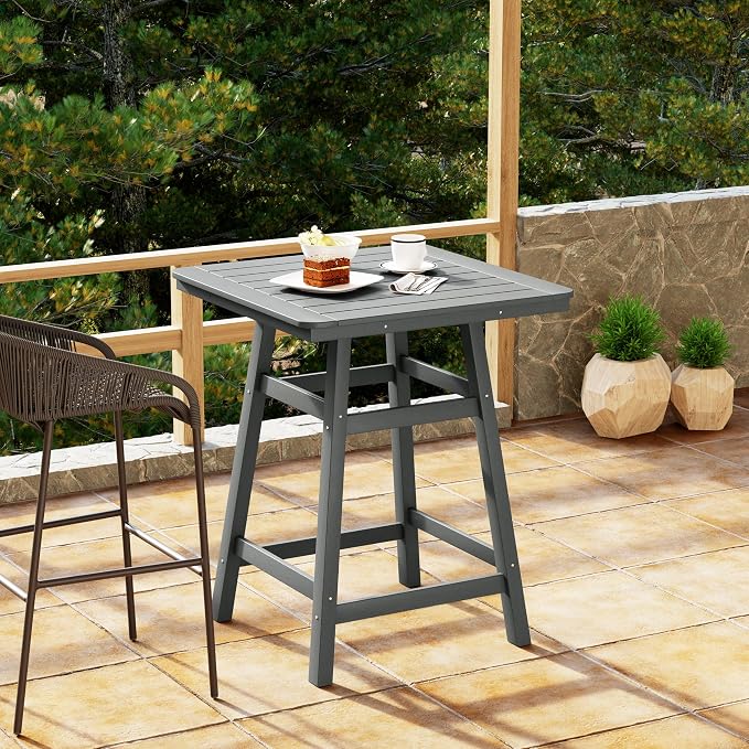 Costaelm Outdoor Bar Table, 37" Counter Height Square Patio Cocktail Bar Table with Umbrella Hole, Patio Bistro Dining Pub Table for Front Porch Deck Backyard Garden, Gray