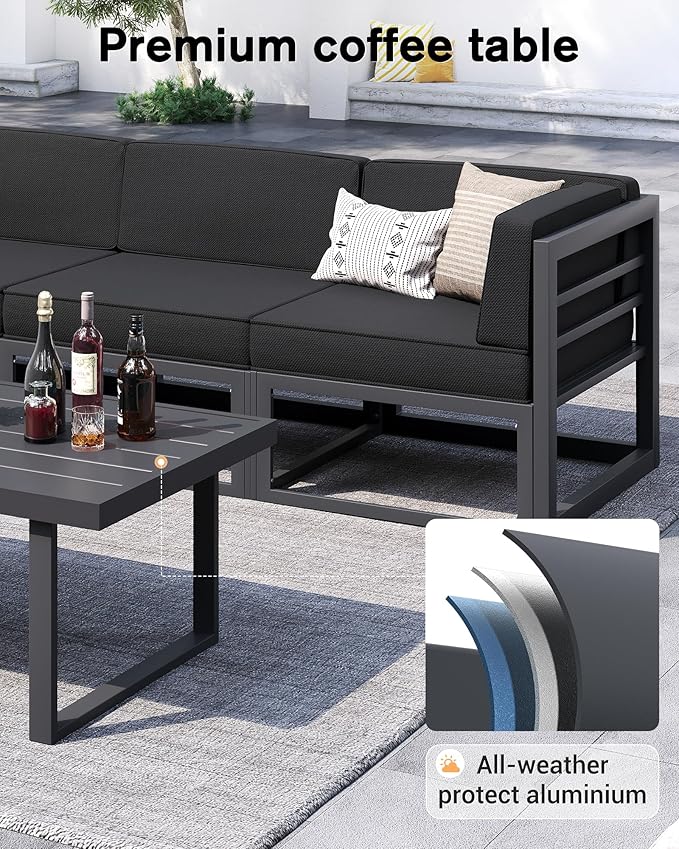 UDPATIO Aluminum Patio Furniture Set with Fire Pit Table, Modular Oversized Outdoor Sectional of Olefin 5 inch Cushion, Coffee Table and Waterproof Cover, Patio Conversation Sets for Porch, Deck