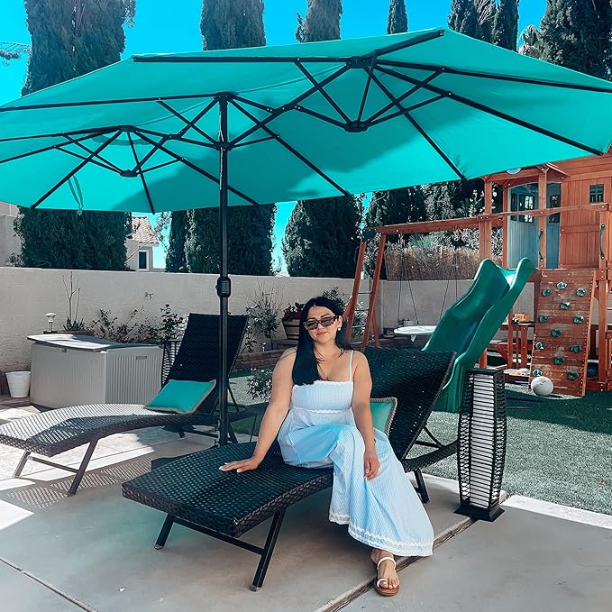 PURPLE LEAF 14ft Patio Market Umbrella with Base Double-Sided Rectangle Outdoor Table Sun Umbrellas with Crank 12 Heavy Duty Sturdy Ribs for Pool Beach Deck Backyard Turquoise Blue