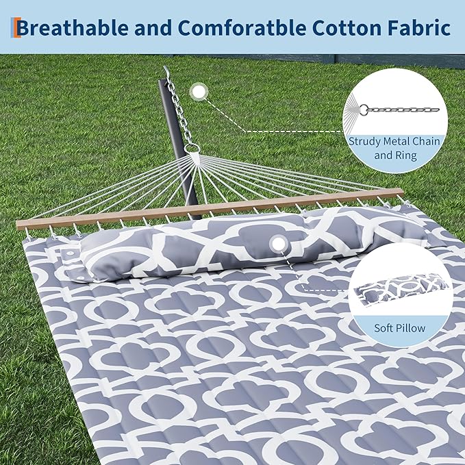 Garvee 57" Double Hammock with Heavy Duty Stand – 2 Person Hammock, Widening Cotton Fabric Design, 450 LB Capacity for Indoor & Outdoor Use (Light Grey)