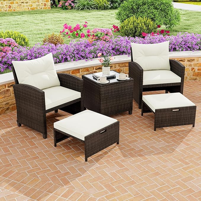 ORALNER 5 Pieces Patio Furniture Set with Ottoman, Wicker Conversation Set w/Cushions, Glass Coffee Table, Outdoor Rattan Lounger Chairs Bistro Set for Porch Balcony Garden Deck Poolside (Cream White)