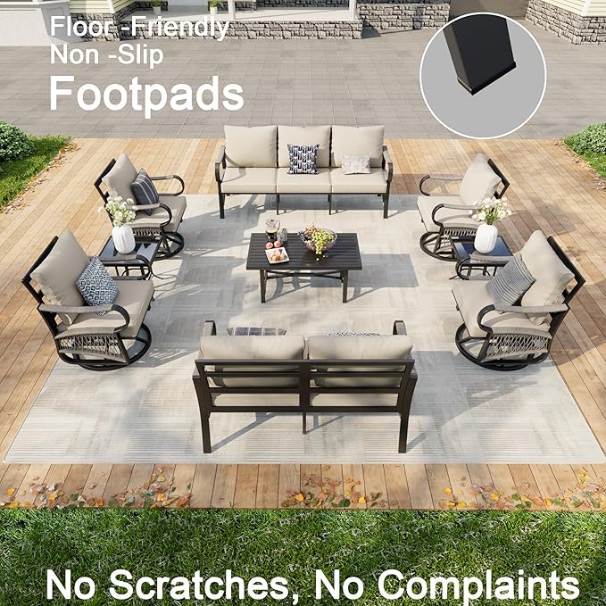 9 Pieces Patio Furniture Set, Metal Outdoor Conversation Sets with Swivel Chairs, Modern Couch Sofa Seating Group with Coffee Table and Side Table (Thick Beige Cushions)