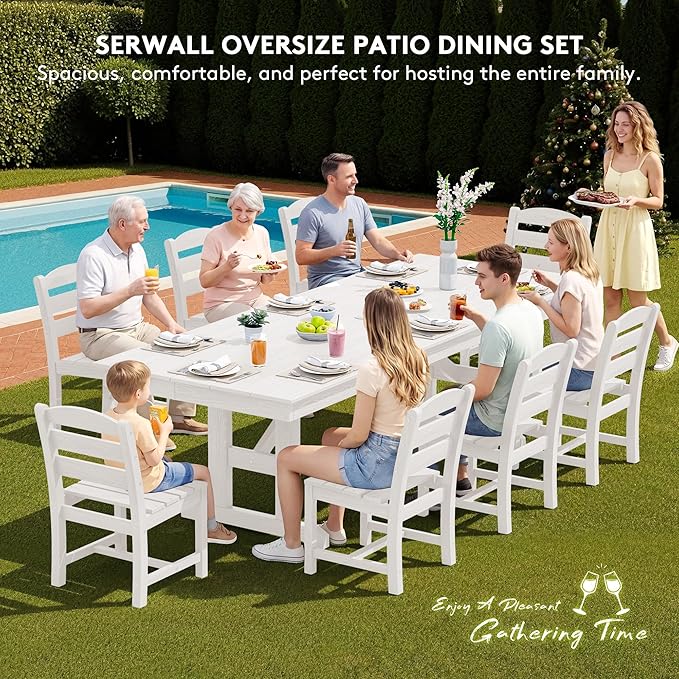 SERWALL 9 Piece Outdoor Dining Set, 84" HDPE Outdoor Table and Armless Chairs Set for 8，All Weather Patio Furniture Set with Umbrella Hole for Backyard, Garden, White