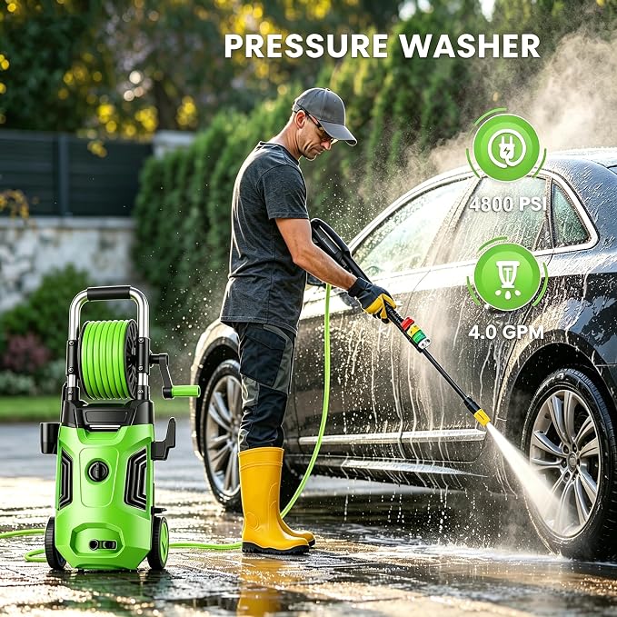 Pressure Washer 4800PSI, Power Washer with with 33ft Pressure Hose, 4 Nozzle and Foam Cannon, Powerwashers for Home, Cars, Patio, Green