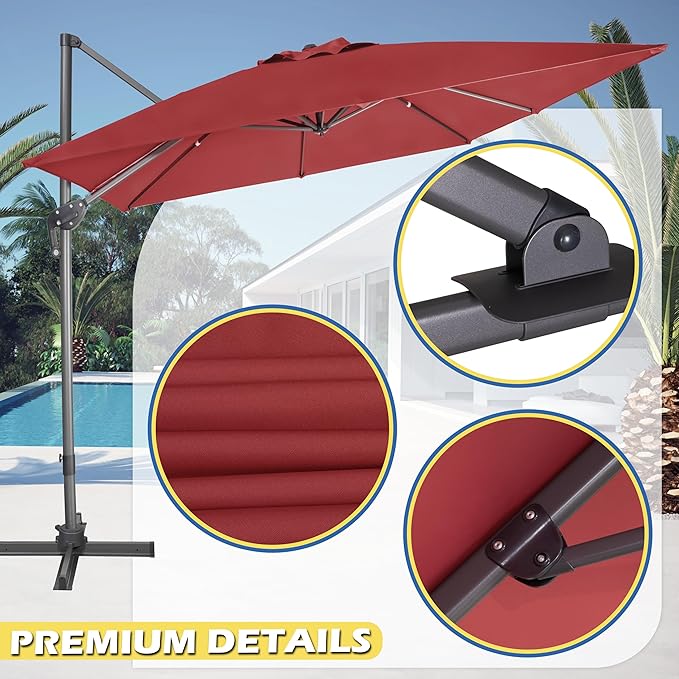 Sunnyglade 10x10Ft Cantilever Patio Umbrella Square 360° Rotation & Integrated Tilting System Offset Umbrella with 8 Sturdy Ribs, Fade-resistant & Waterproof for Garden Backyard Poolside Deck