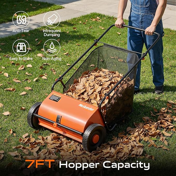 26-Inch Push Lawn Sweeper with 7 Cu.Ft. Hopper Bag, Adjustable Brush Height & 4 Spinning Brushes, Heavy Duty Leaf & Grass Collector with Durable Rubber Wheels for Yard Cleanup