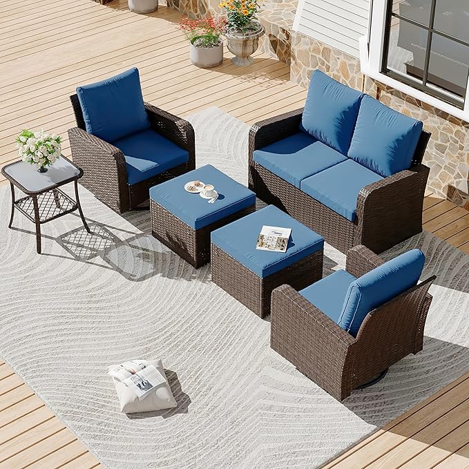 HOMREST 6 Piece Patio Conversation Sets with Loveseat, Rattan Wicker Swivel Chairs with 2 Ottoman, Coffee Table & Cushions, Outdoor Furniture Sets for Garden, Poolside, Backyard (Navy)