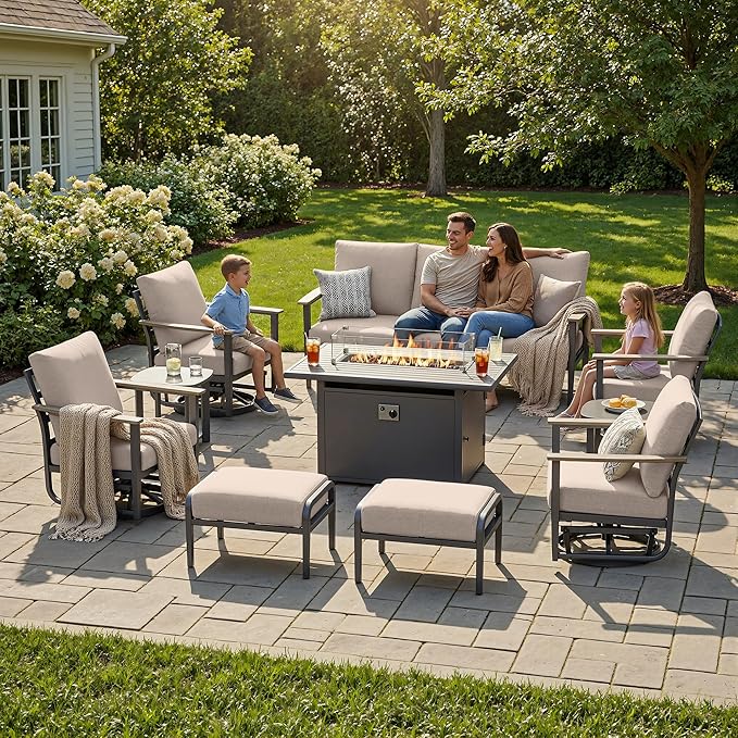 9-Seat Outdoor Patio Furniture Set with Rocking Swivel Chairs, Aluminum Sectional Sofa with Ottomans Patio Conversation Set with 55,000 BTU Fire Pit Table & High Backrest, Sand