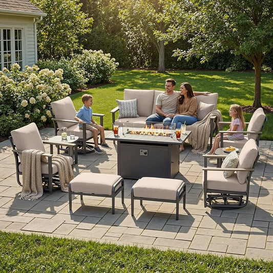 Aluminum Outdoor Patio Furniture Set with Swivel Rocking Chairs 9-Seat, Patio Sectional Sofa with Ottomans Patio Conversation Set with 55,000 BTU Fire Pit Table & High Backrest, Sand