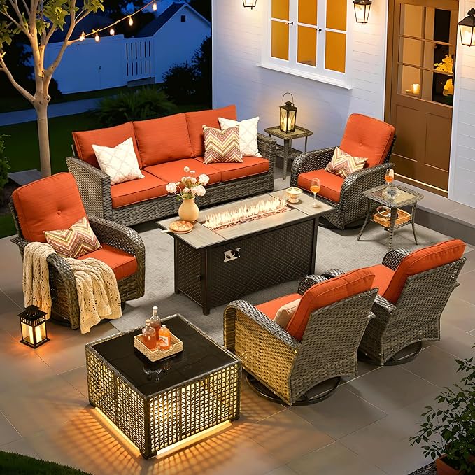 ovios 9 Pieces Patio Furniture Set, Outdoor Wicker Sofa Couch with Rocking Swivel Chairs Fire Pit Table, Modern Deep Seat Rattan Conversation Sets for Deck Porch, Orange Red