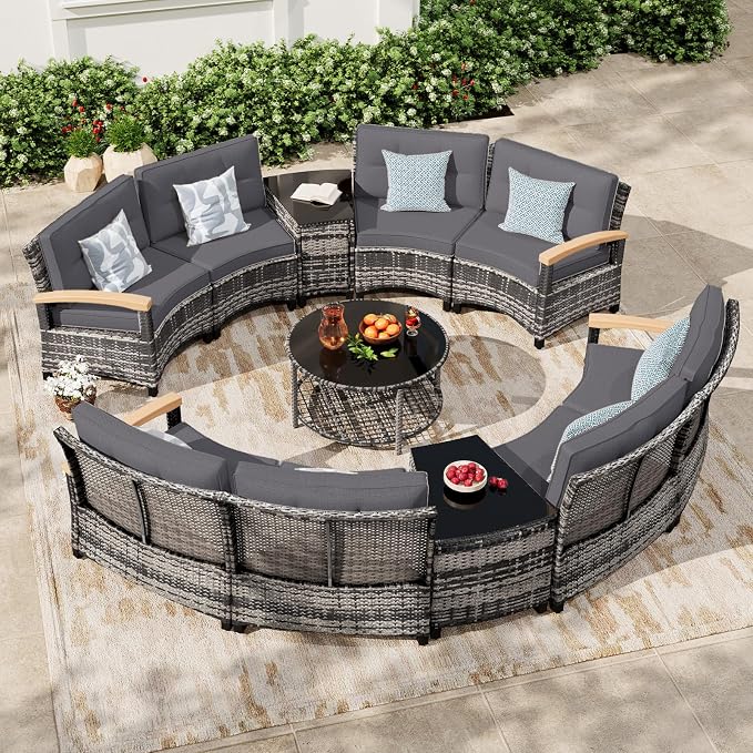 MEISSALIVVE 11-Piece Half-Moon Curved Outdoor Patio Furniture Set, Sectional Conversation Sofa with Wood Armrests, Coffee & Side Tables for Backyard Deck Garden, Grey
