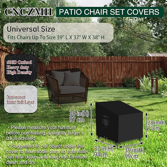 Heavy Duty Patio Chair Covers Waterproof Outdoor, 2 Pack 600D Patio Furniture Covers for Outdoor Rocking Swivel Adirondack Chairs, Lounge Deep Seat 39'' W x 37''D x 28''H/ 38''H Black