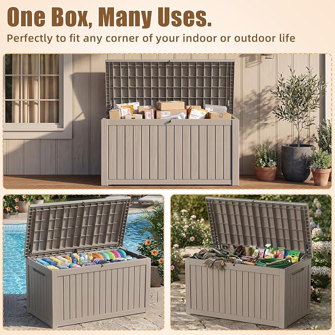 280 Gallon Outdoor Storage Box, Extra Large Resin Deck Box, Waterproof Lockable Storage Container, XXL Storage Bins with Lids for Patio furniture, Garden Tools, Grey