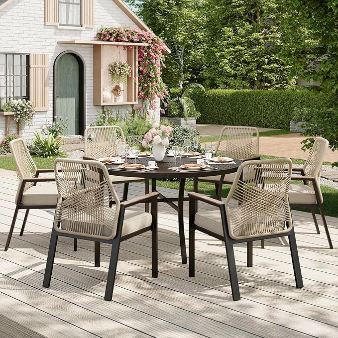 MIXPATIO 7 Pieces Round Outdoor Dining Set for 6, Patio Dining Set Wicker Rattan Chairs with Soft Cushion and 54" Round Table with Umbrella Hole, Round Patio Table and Chairs for Backyard Porch