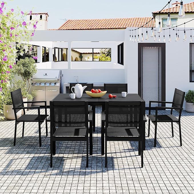 Outdoor 7 Piece Dining Table and Chair Set, Steel Outdoor Table with 6 Chairs for 6 Persons, Patio Dining Table Set with Chairs, Patio Conversation Set for Garden Patio Balcony Backyard, Black