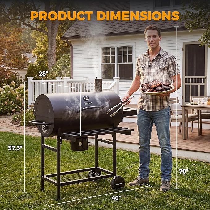 MASTER COOK Barrel Charcoal Grill with Foldable Front Shelf, 686 Sq.in. Cooking Area Outdoor bbq Grill,Thermometer and Adjustable Air Vents for Patio, Parties,Backyard, Tailgating, Black