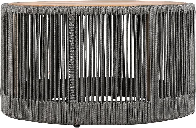 IRONORA Round Outdoor Coffee Table, Acacia Wood Top with Rope Woven Base, 26 Inch Diameter, Outdoor Side Table for Patio, Garden, Weather Resistant Patio Furniture