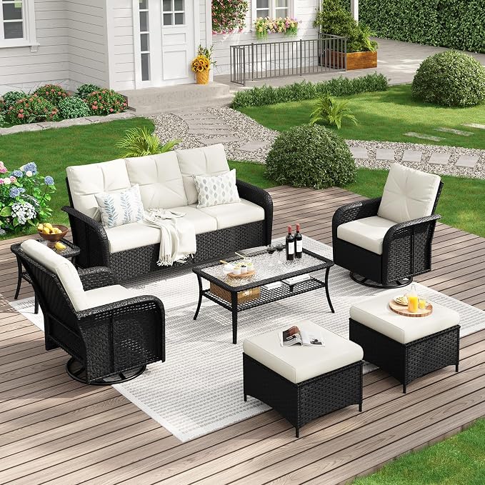 LazySunsets Luxury 9-Piece Patio Furniture Set, 360° Swivel Chairs, Wicker Rattan Sofa with Thick Cushion, Outdoor Conversation Set for Backyard, Poolside & Garden, Black/Beige
