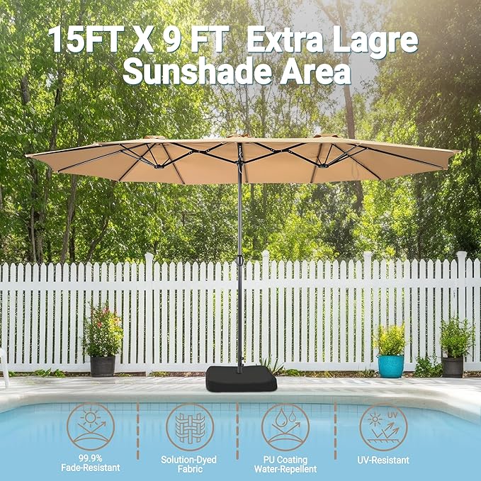 15ft Patio Umbrella with Base, 10-Year-No-Fade Large Outdoor Double-Sided Market Umbrella with UPF50+Terylene Polyester Fabric and Crank for Poolside Garden Deck Backyard Beach Pools