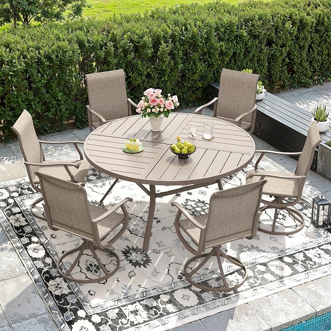 DIFY Patio Table and Chairs Set for 6, 7 Piece Outdoor Dining Set Includes 50" Round Metal Dining Table with Umbrella Hole and 6 Textilene Swivel Patio Chairs, for Garden Backyard Deck, Sandshell