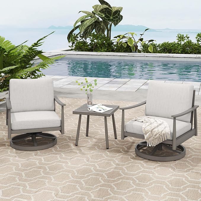 HAPPATIO Patio Conversation Set 3 Pieces, Patio Aluminum Conversation Furniture Set, 2 Swivel Chairs with Backrest Rope Design and 1 Side Table for Garden, Pool, and Lawn (Grey)