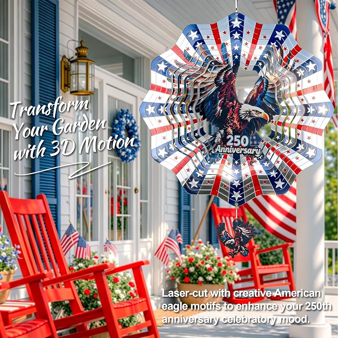 250th Anniversary American Eagle Flag 12 Inch Wind Spinner | Stainless Steel Outdoor Garden Decor with 3D American Flag Design, Hanging Yard Art for Patio & Indoor, Gifts for Men & Dad