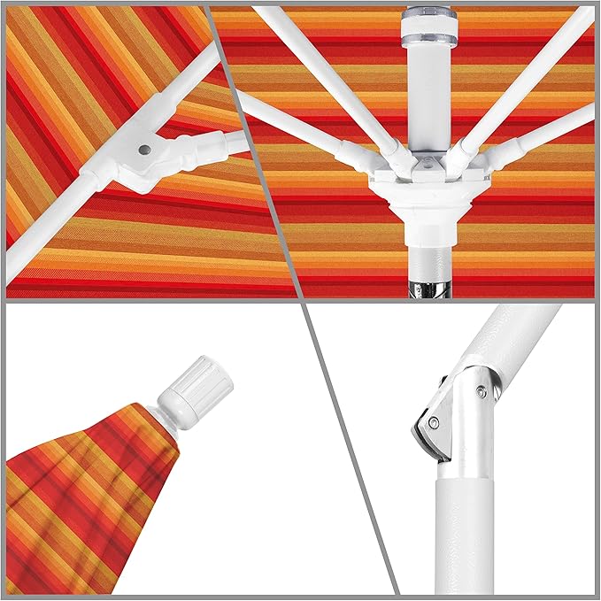California Umbrella 9' Round Crank Lift, Collar Tilt, Aluminum Pole, Fiberglass Rib Patio Umbrella, White Finish, Sunbrella Astorai Sunset