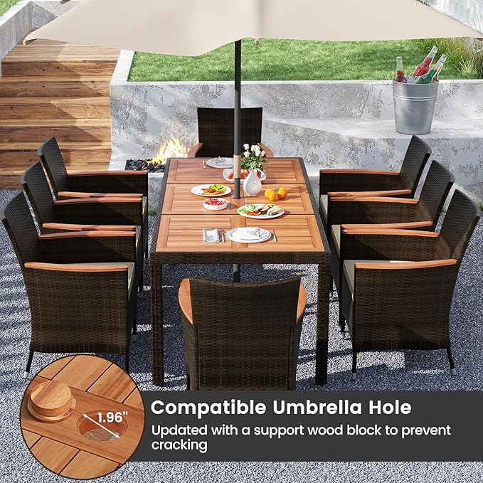 S AFSTAR Patio Dining Set for 8 with Umbrella Hole, 75” x 36” Acacia Wooden Table & PE Rattan Chairs for Deck, Backyard
