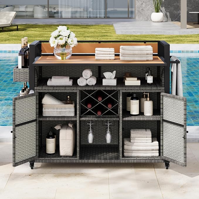 Outdoor Bar Table on Wheels with Extended Table Top and Storage Cabinet ﻿