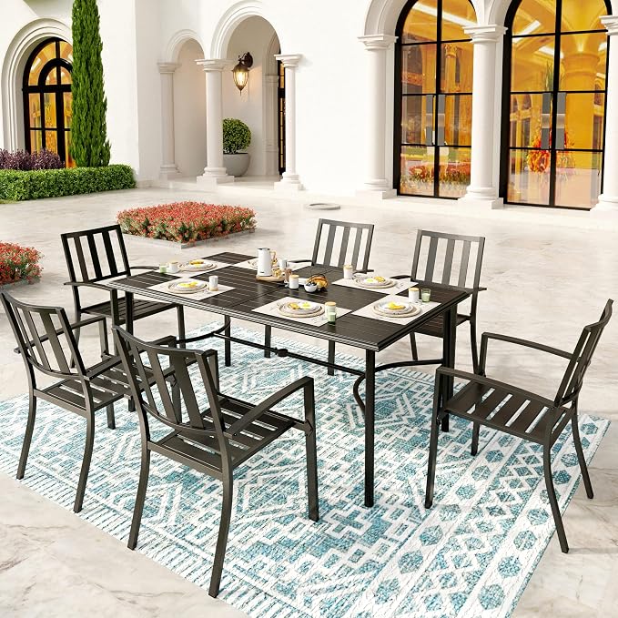SUNSHINE VALLEY 7 Piece Patio Dining Set for 6, 67x38 Wood-Like Metal Table with Umbrella Hole and 6 Pcs Rust-Proof Stackable Chairs, Outdoor Table and Chairs Set for Backyard Garden Deck (Style 1)