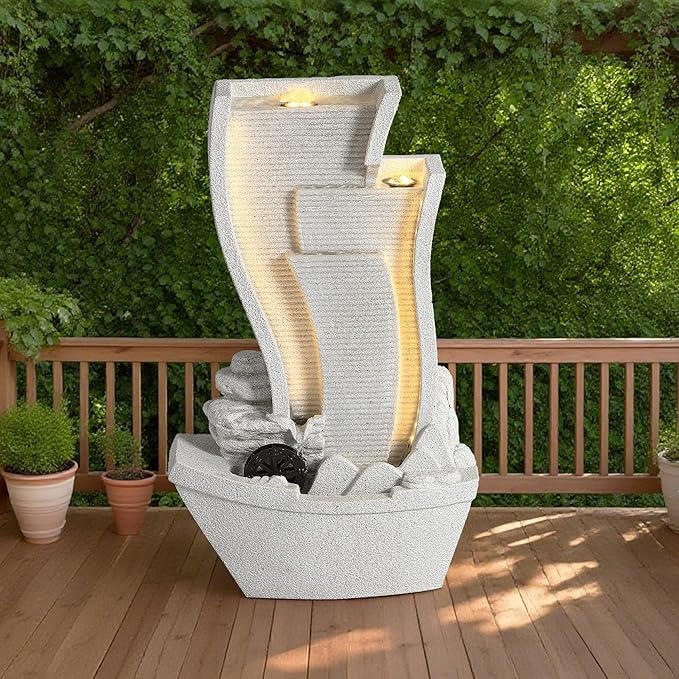 Outdoor Water Fountain, Garden Fountains with Water Wheel, Outside Sailboat Waterfalls with LED Lights, Modern Cascading Flow Fountain for Garden, Yard, Patio, Home Decor