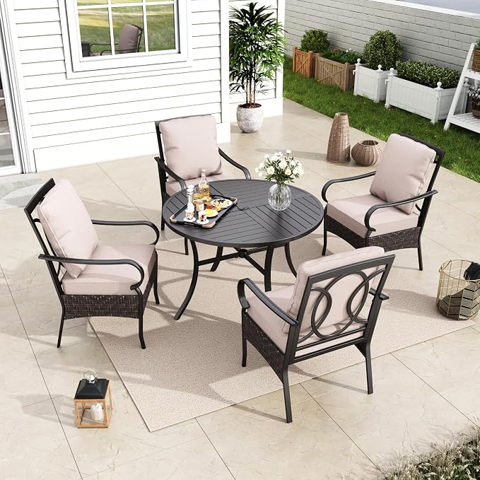 MFSTUDIO Round Patio Table and Chairs, 5 Piece Patio Dining Set, Outdoor Table and Chairs for 4, Square Metal Dining Table with Leg Chairs, Outdoor Dining Furniture Set for 4, 1.57-1.9’’ Umbrella Hole
