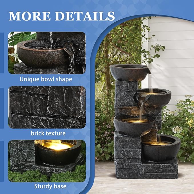 Outdoor Water Fountains with Cascading Bowls, 4-Tiers Fountains and Waterfalls w/LED Lights,Indoor Morden Floor Standing Resin Water Feature for Garden Patio Backyard Home Decor (Grey & Brown)